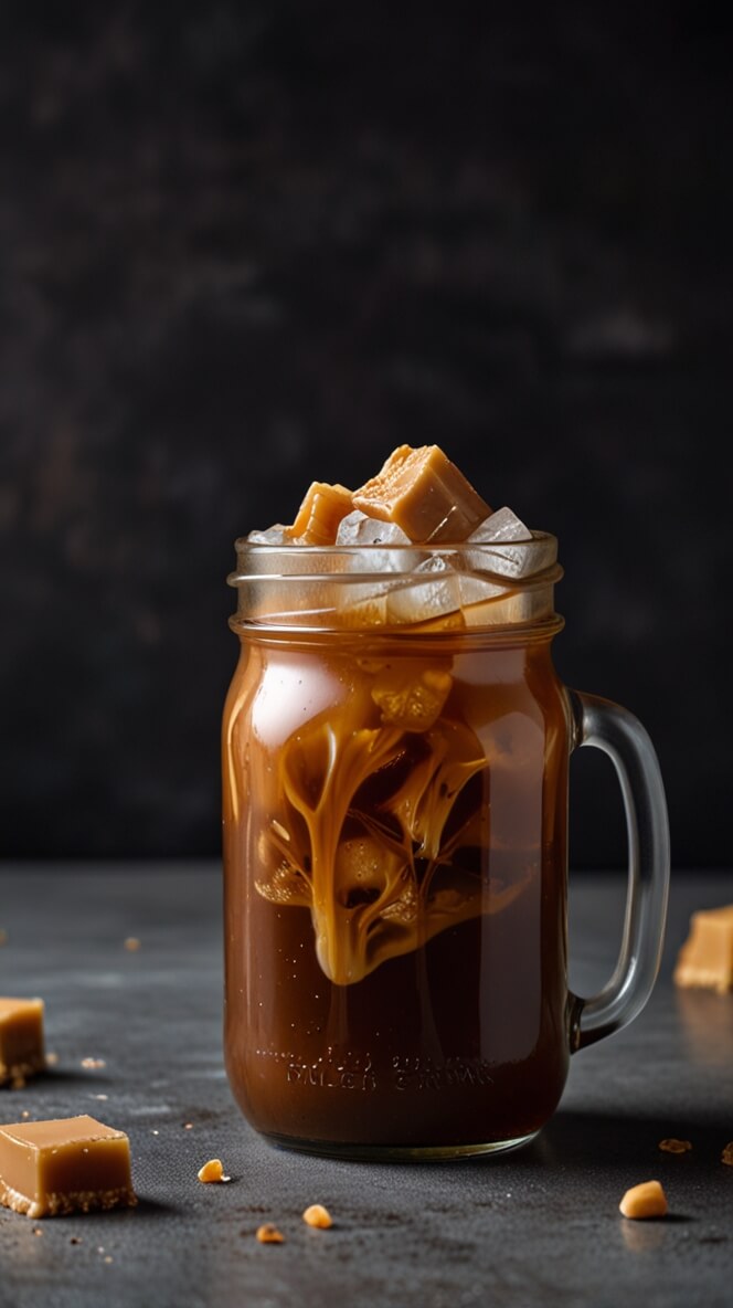 Artisanal salted caramel cold brew coffee in a mason jar, featuring swirling caramel sauce, ice cubes, and caramel squares on top, photographed against a dark moody background