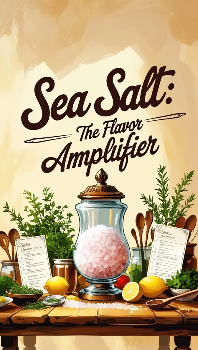 Vintage-style culinary illustration of pink sea salt in an elegant glass jar surrounded by fresh herbs, lemons, wooden spoons, and recipe cards on a rustic wooden table