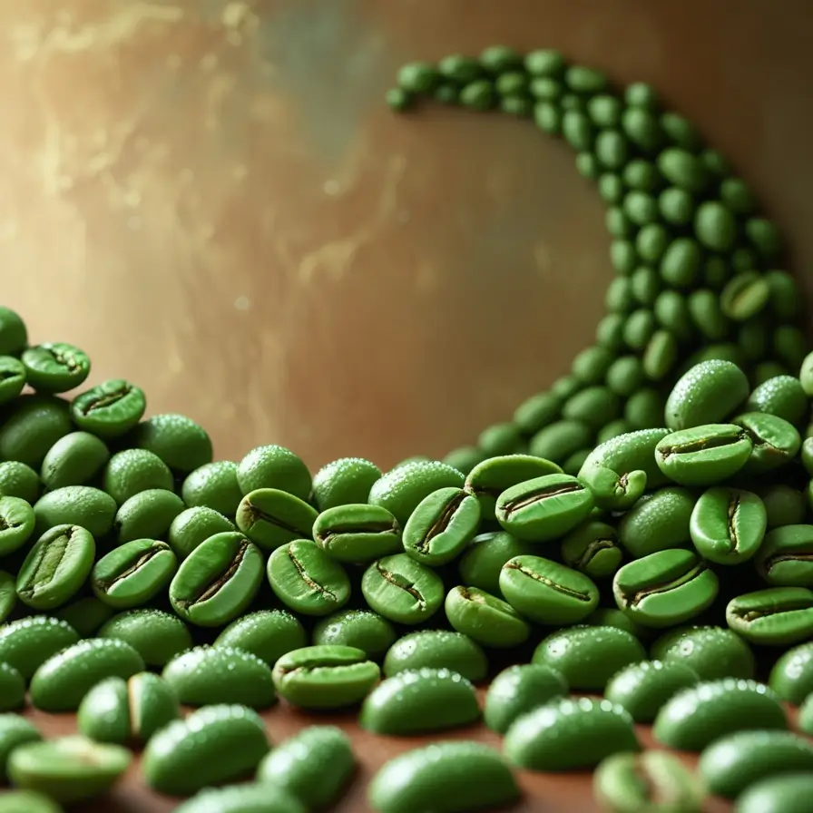 Fresh raw green coffee beans arranged in a curved pattern showing texture and quality, macro photography on brown background