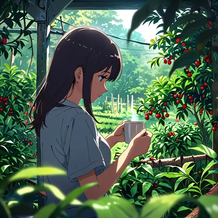 Anime-style illustration of a woman holding a coffee mug surrounded by lush green coffee plants with red berries, showcasing coffee farm landscape and cultivation environment