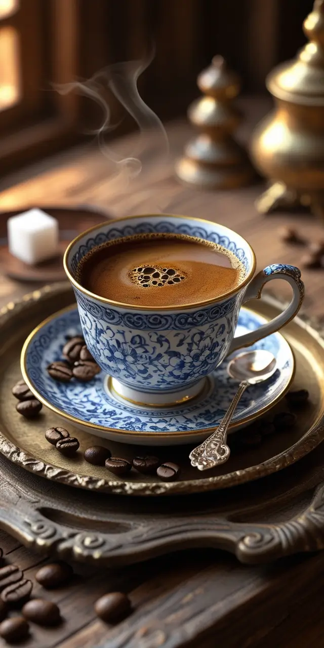 Steaming Turkish cinnamon coffee served in an ornate blue and white porcelain cup with gold trim, surrounded by coffee beans and traditional serving pieces on an antique brass tray