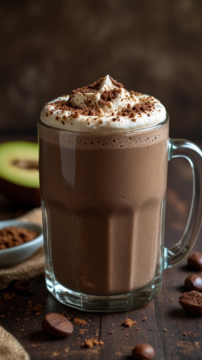 Vegan mocha protein shake topped with dairy-free whipped cream and chocolate shavings in a glass mug, surrounded by chocolate pieces and cocoa powder on a rustic wooden surface