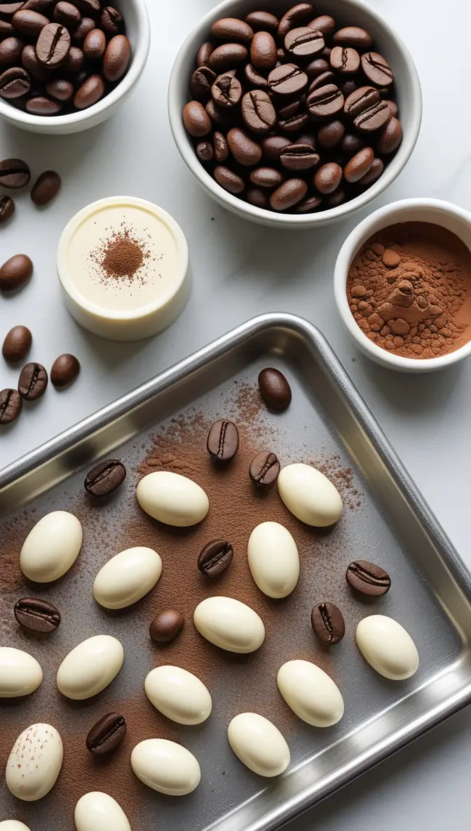 White chocolate covered coffee beans in process, showing whole coffee beans, white chocolate coating, and cocoa powder on metal baking sheet and ceramic bowls