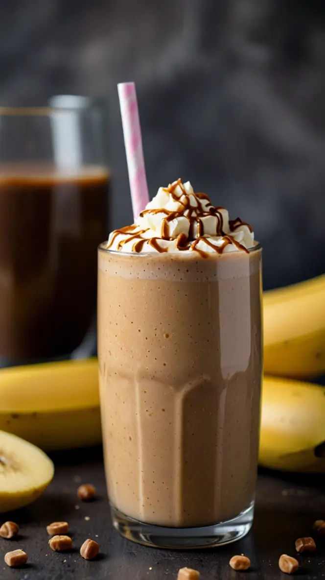 Tall glass of chocolate banana smoothie topped with whipped cream and caramel drizzle, served with pink straw, with bananas and hazelnuts visible in background