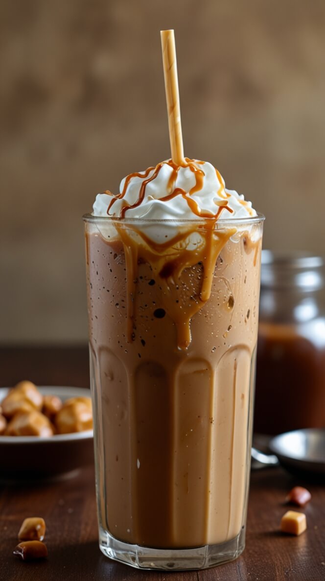 Tall glass of iced caramel macchiato topped with whipped cream and caramel drizzle, served with a beige straw and scattered caramel pieces on a wooden table