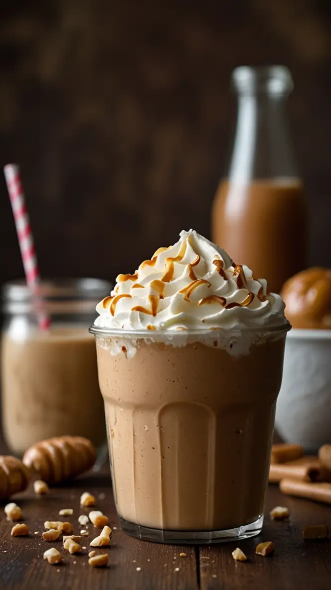 Homemade caramel protein frappuccino topped with whipped cream and caramel drizzle in a glass, served with crushed nuts on a rustic wooden table