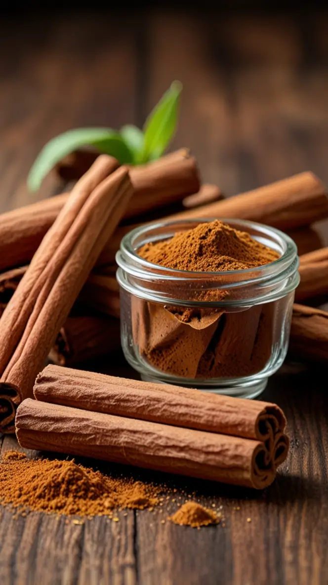 Fresh cinnamon sticks and ground cinnamon powder in glass jar on rustic wooden surface, with green leaf garnish and warm lighting