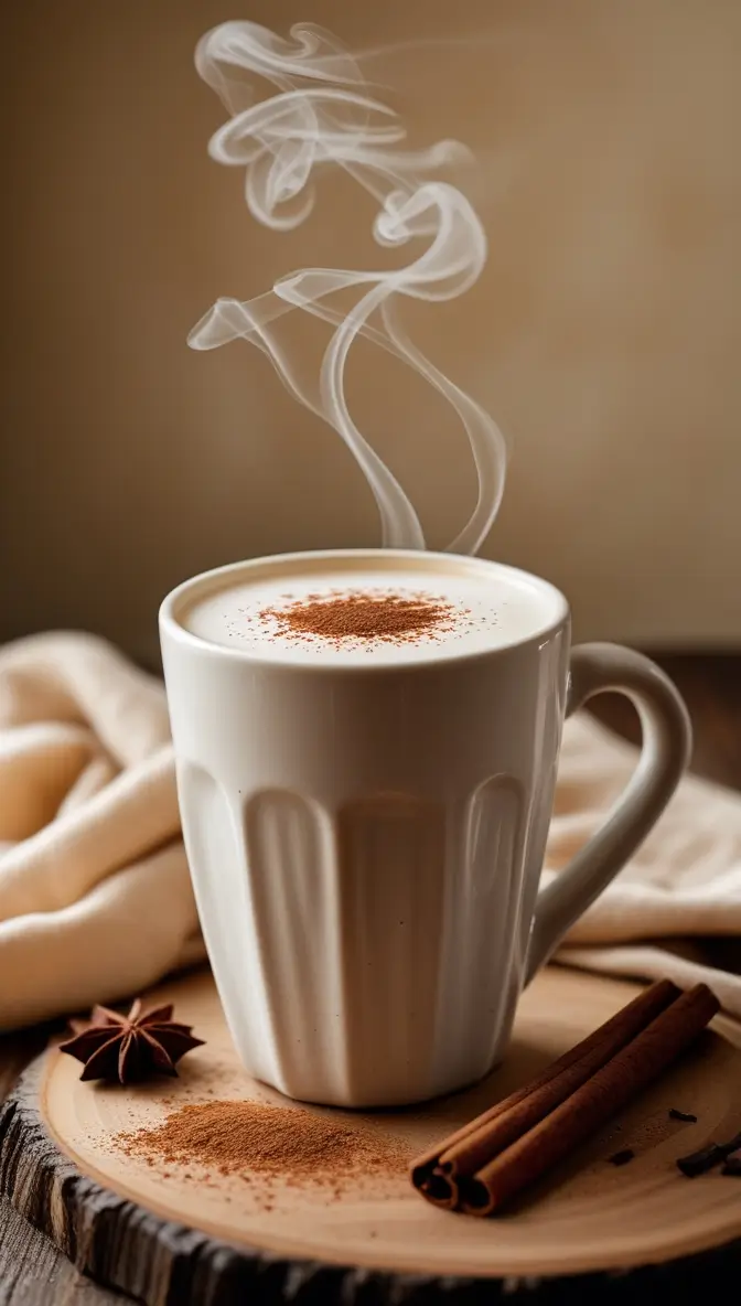 A steaming white ceramic mug of Keto-Friendly Cinnamon Dolce Latte with cocoa powder dusted on top, accompanied by cinnamon sticks and star anise on a wooden slice.