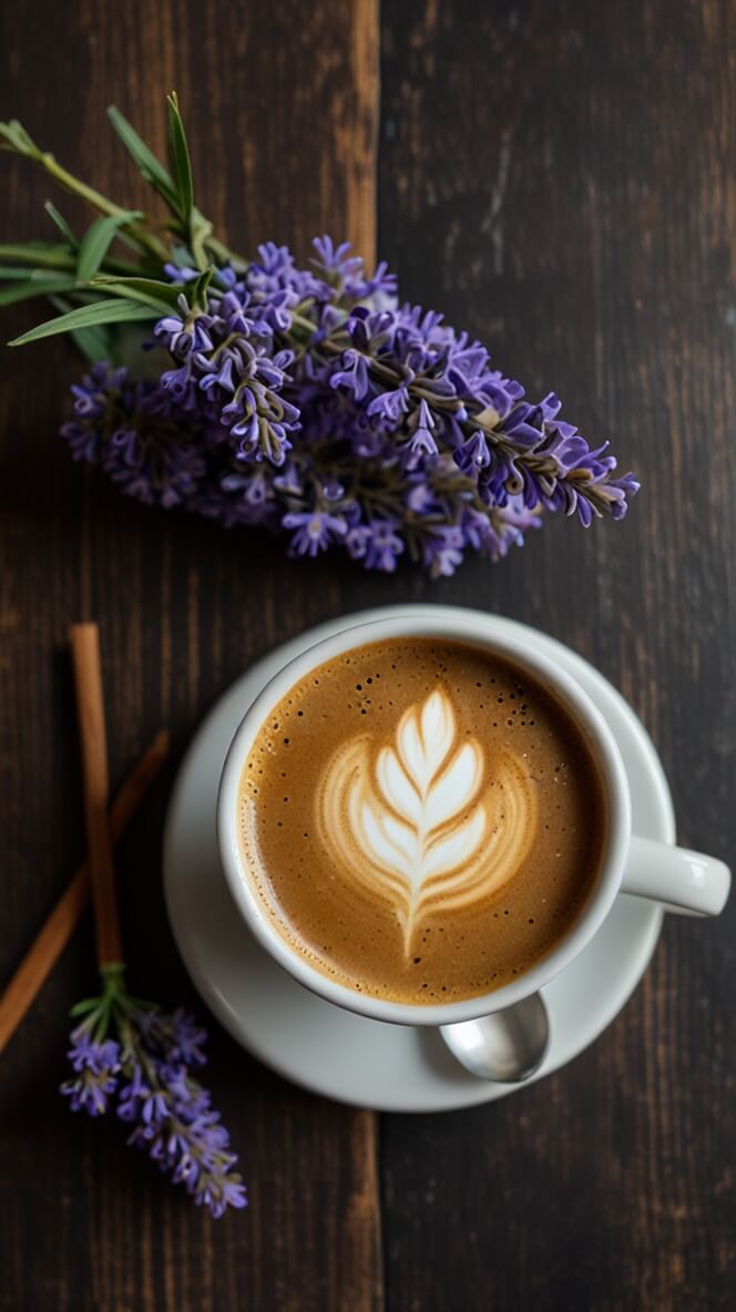 London Fog Coffee with latte art, served in white cup alongside fresh lavender sprigs on dark wooden surface