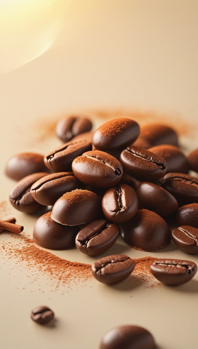 Milk chocolate cinnamon coffee beans dusted with cocoa powder and cinnamon, showcasing glossy chocolate coating and visible coffee bean texture in warm lighting