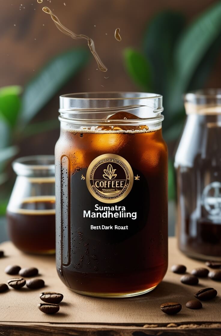 Mason jar of dark roasted Sumatra Mandheling cold brew coffee with ice cubes, condensation, and coffee beans scattered on wooden surface