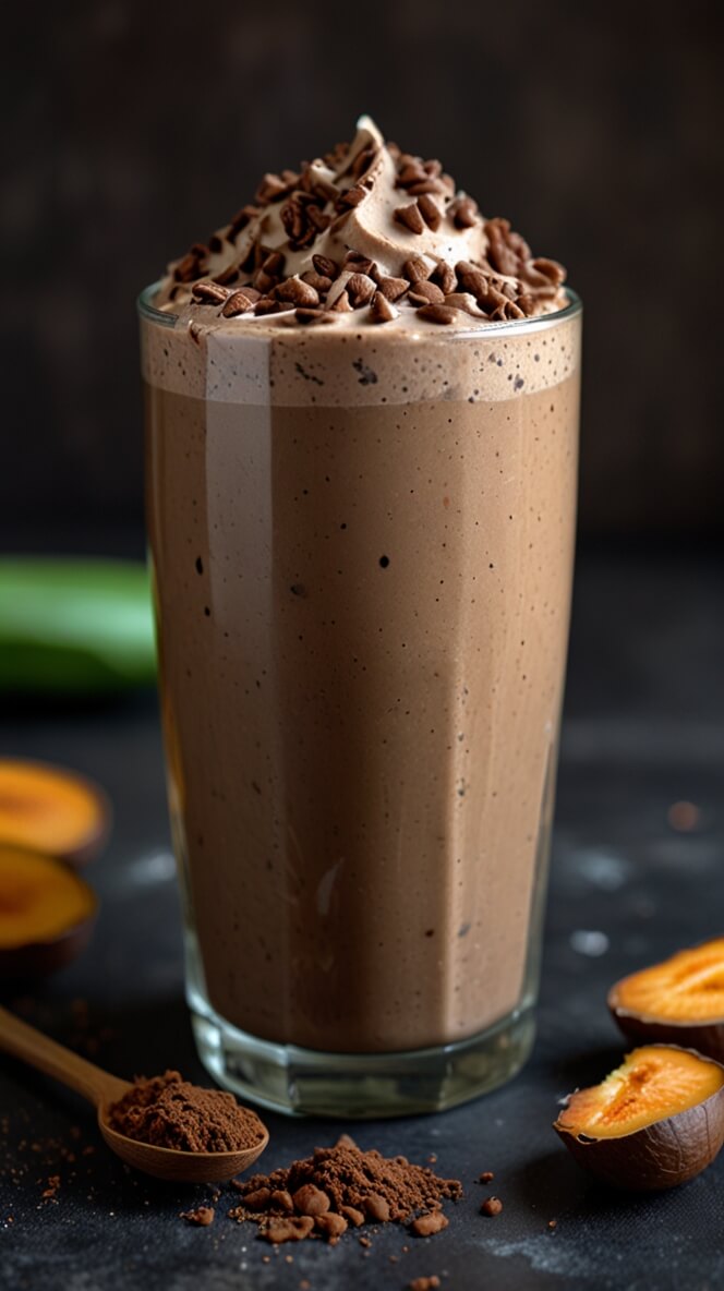 Tropical mocha protein shake in a tall glass topped with chocolate shavings, served alongside fresh orange slices, cocoa powder in a wooden spoon, and scattered chocolate chips on a dark surface