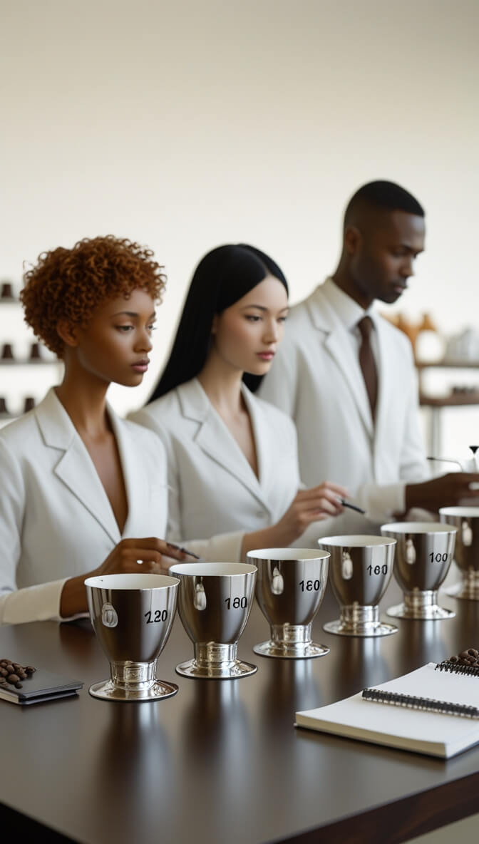 Professional coffee tasters in white coats analyzing temperature progression with numbered silver coffee cups, ranging from 120 to 180 degrees, while taking detailed notes