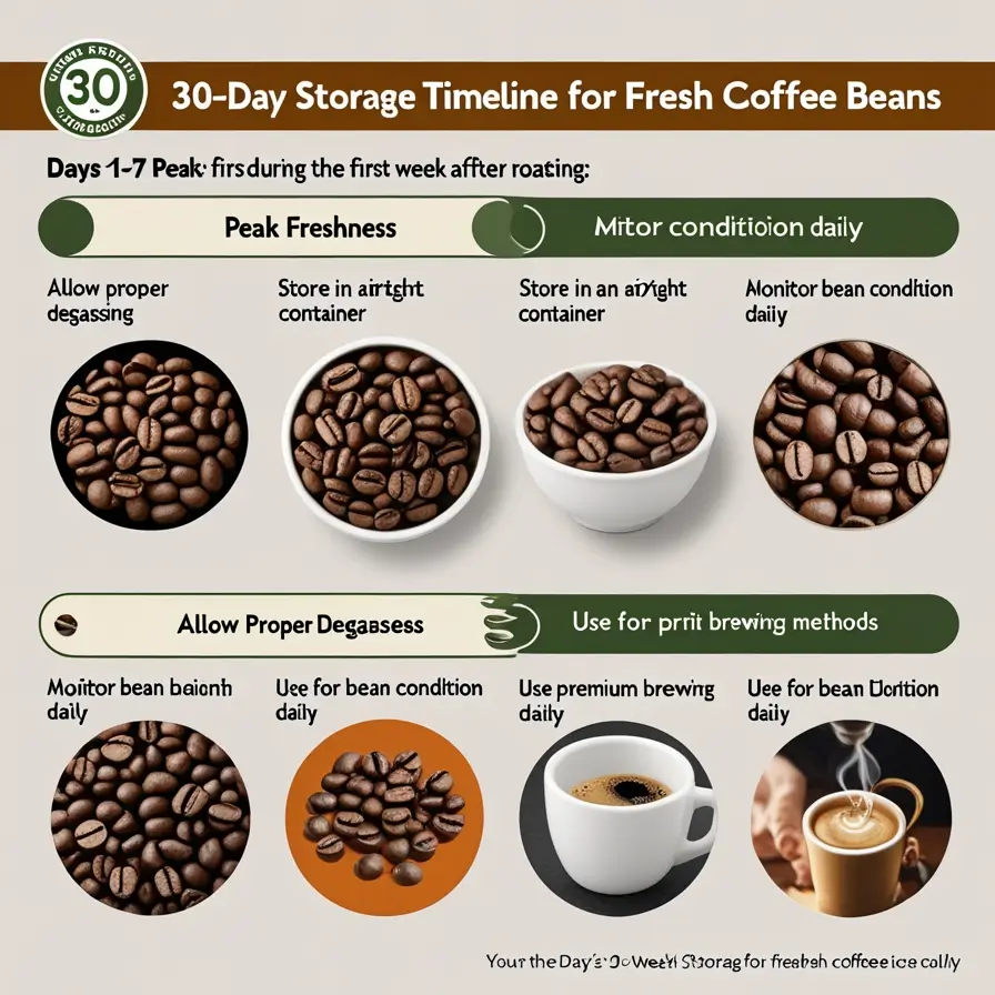 An infographic showing the first 7 days of coffee bean storage timeline, featuring circular images of coffee beans in different stages and cups of coffee, with text descriptions for each stage of peak freshness storage requirements.