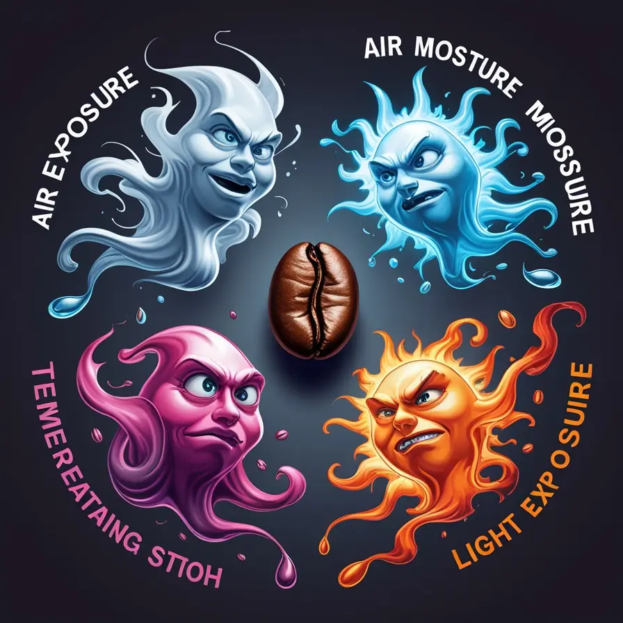 An artistic illustration showing four angry ghost-like characters surrounding a coffee bean, each representing different threats to coffee freshness: air exposure (white/gray), moisture (blue), temperature (pink/purple), and light exposure (orange/red).