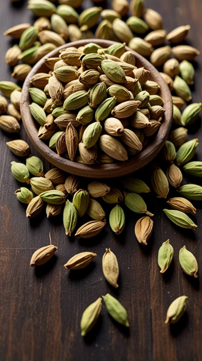 Fresh green cardamom pods in wooden bowl and scattered on dark wooden surface, showcasing whole Middle Eastern spice in macro photography