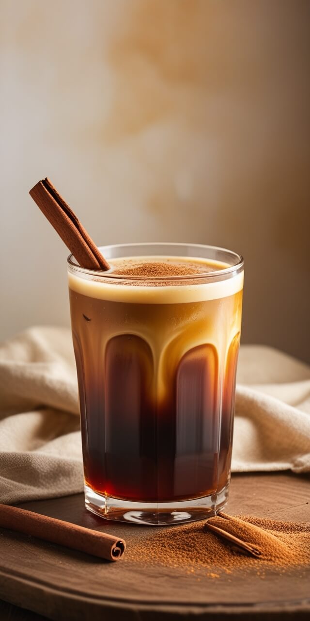 Layered cinnamon cold brew coffee with cream and cinnamon stick garnish in a tall glass, showing distinct gradient layers from dark to light