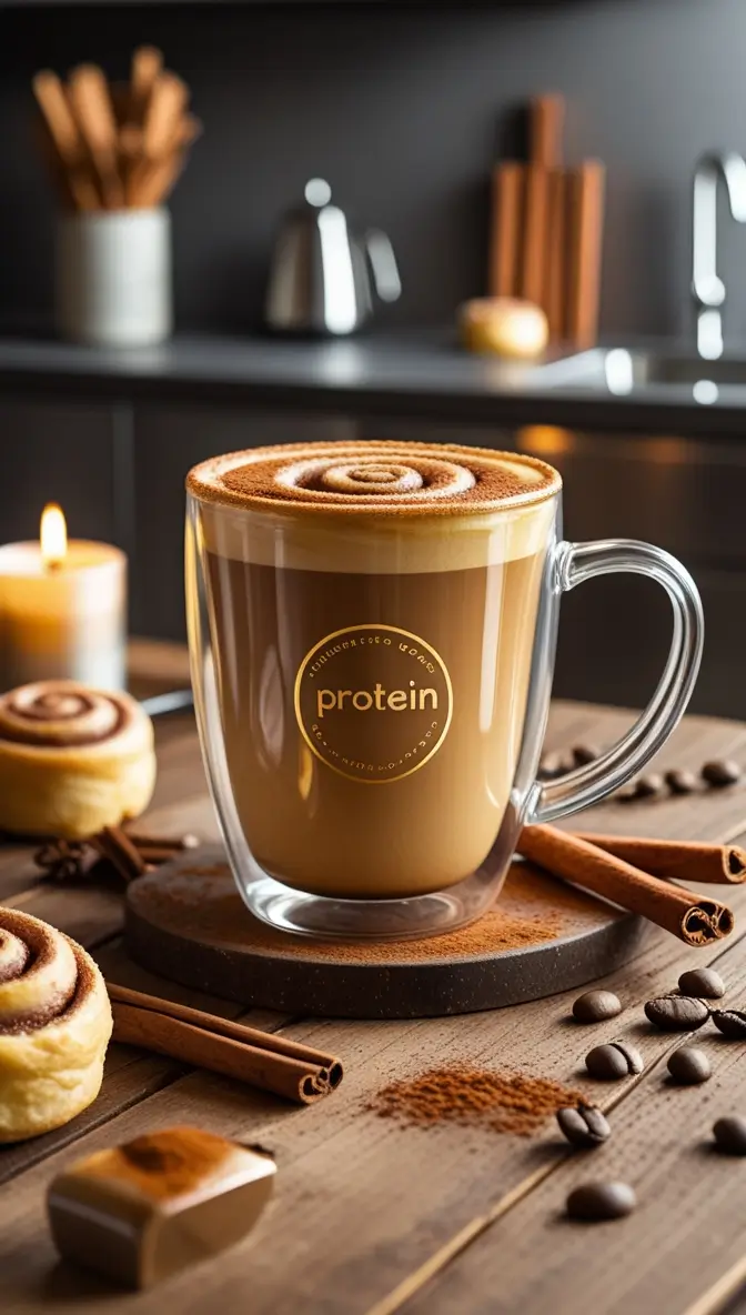 Double-walled glass mug of layered protein coffee with cinnamon swirl art, surrounded by coffee beans, cinnamon sticks, and cinnamon rolls on a rustic wooden surface with a cozy candle in the background