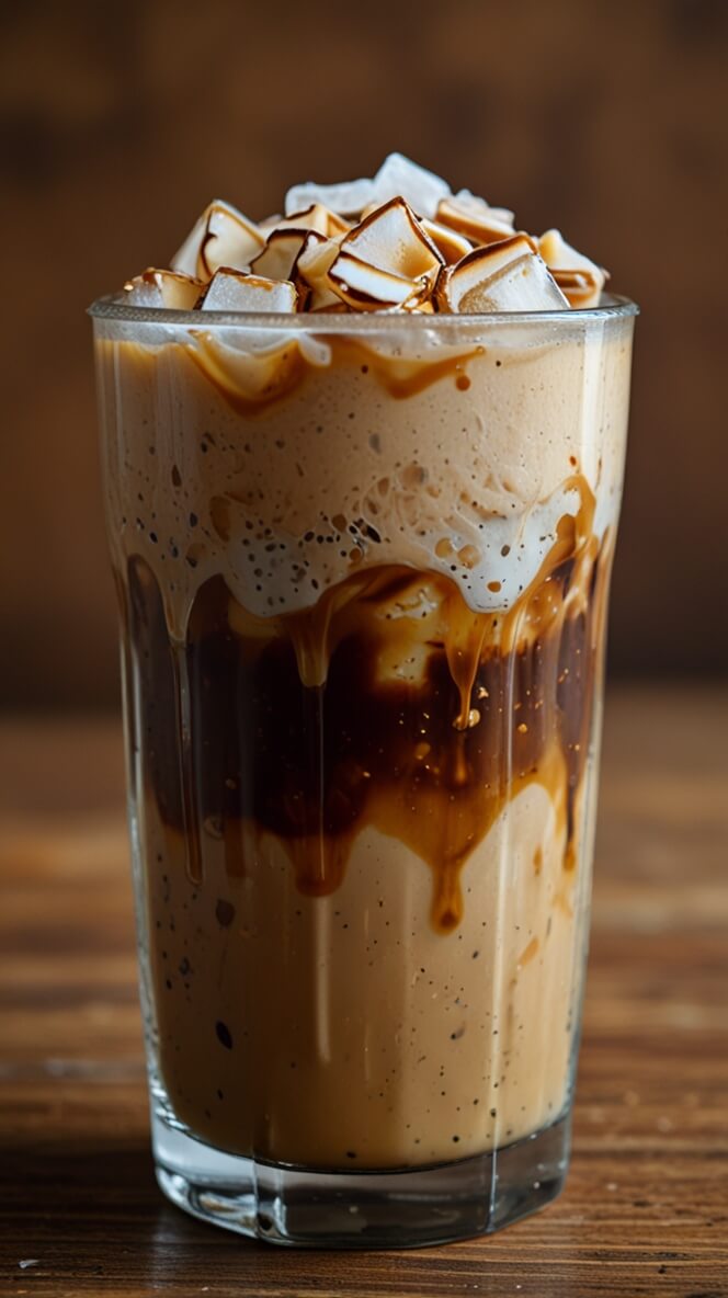 Layered coconut caramel iced coffee in a tall glass topped with toasted marshmallows and caramel drizzle, showing distinct layers of coffee, coconut milk, and caramel against a rustic wooden background