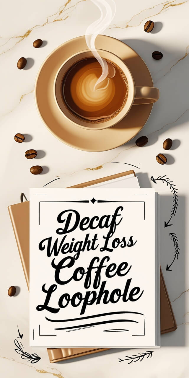 Decaf Weight Loss Coffee Loophole recipe with steaming coffee cup on marble surface surrounded by coffee beans and elegant typography