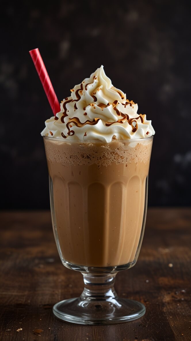 Tall glass goblet filled with English Toffee Coffee Frappé featuring a creamy brown frozen coffee base topped with generous swirls of white whipped cream, chocolate drizzle, and a red straw. Dark moody background on wooden surface highlights the drink's luxurious presentation.