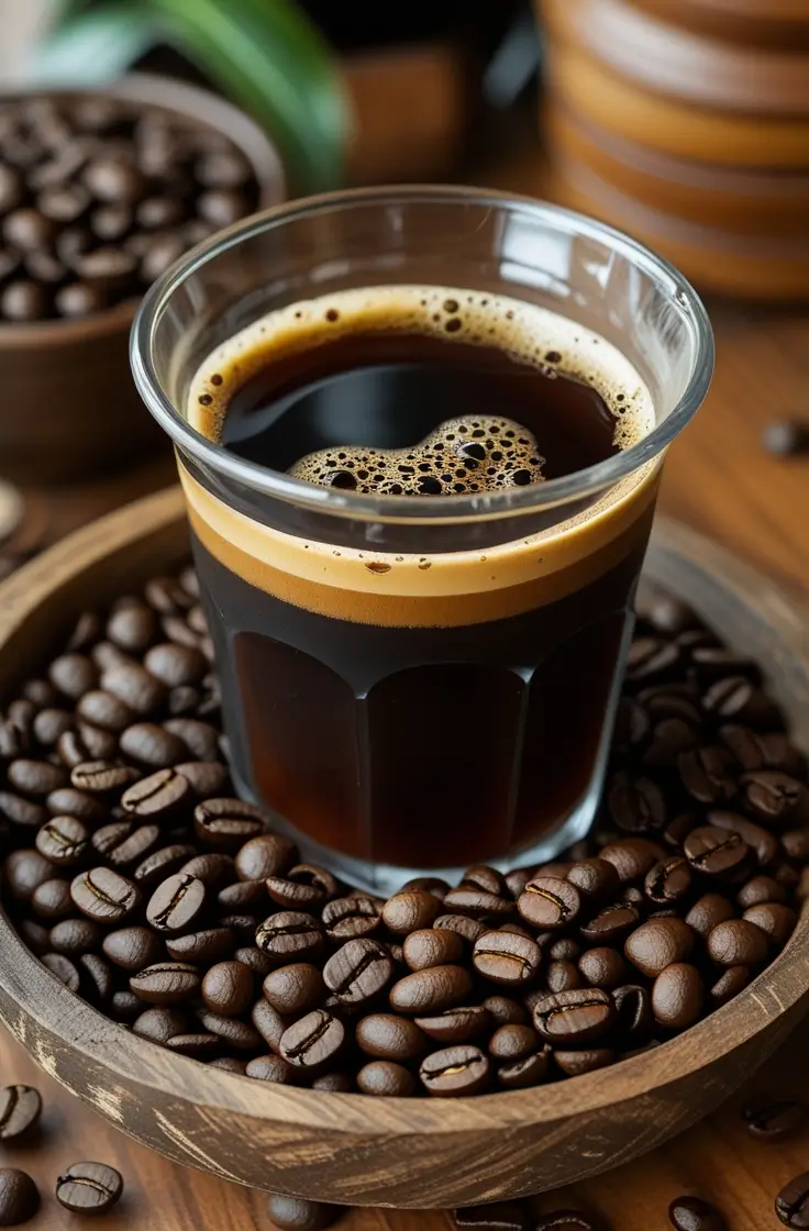 Glass of Guatemala Antigua medium roast cold brew coffee with golden crema, placed in wooden bowl filled with whole coffee beans