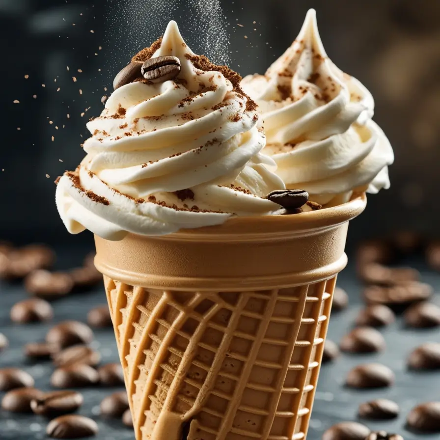 Soft-serve coffee ice cream in waffle cone topped with whipped cream, cocoa powder, and coffee beans against dark background with scattered coffee beans