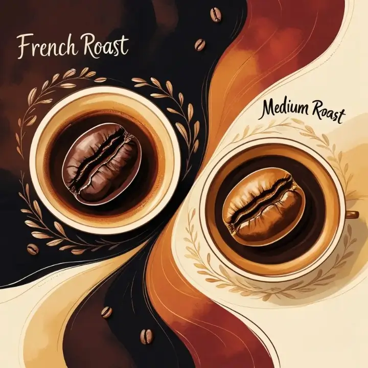 Artistic comparison of French Roast vs Medium Roast coffee beans, illustrated in rich brown and golden tones with decorative leaf motifs and coffee bean details, highlighting health considerations between roast levels