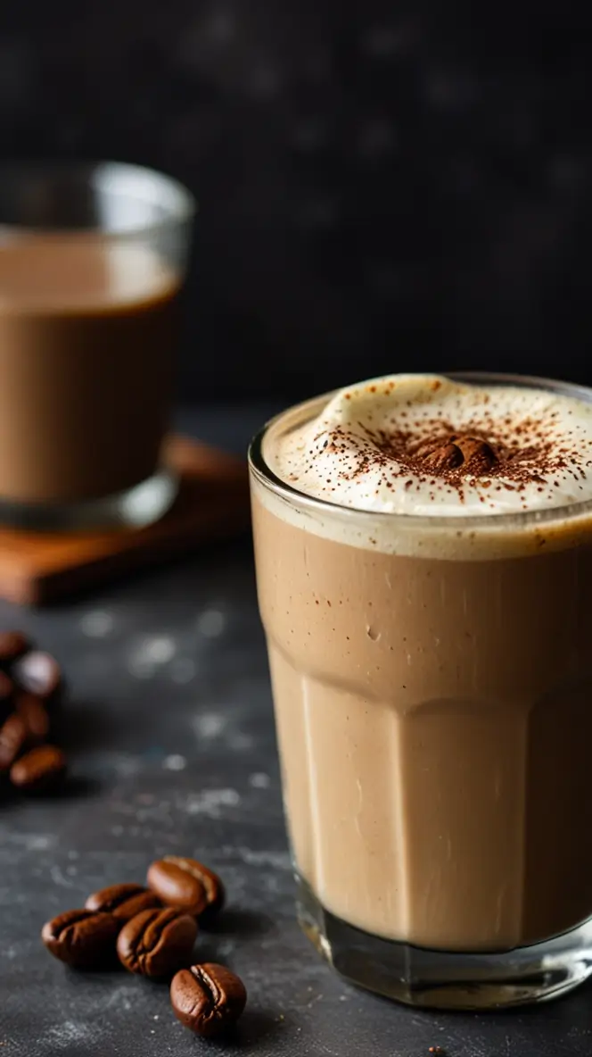 Tall glass of creamy keto coffee topped with frothed milk and cocoa powder, served alongside coffee beans on dark surface