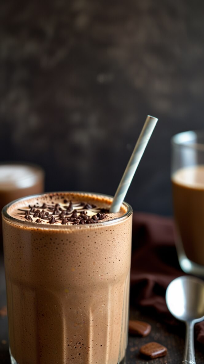 Creamy chocolate protein mocha shake in a tall glass, topped with chocolate sprinkles and served with a white striped straw, surrounded by chocolate pieces on a dark surface