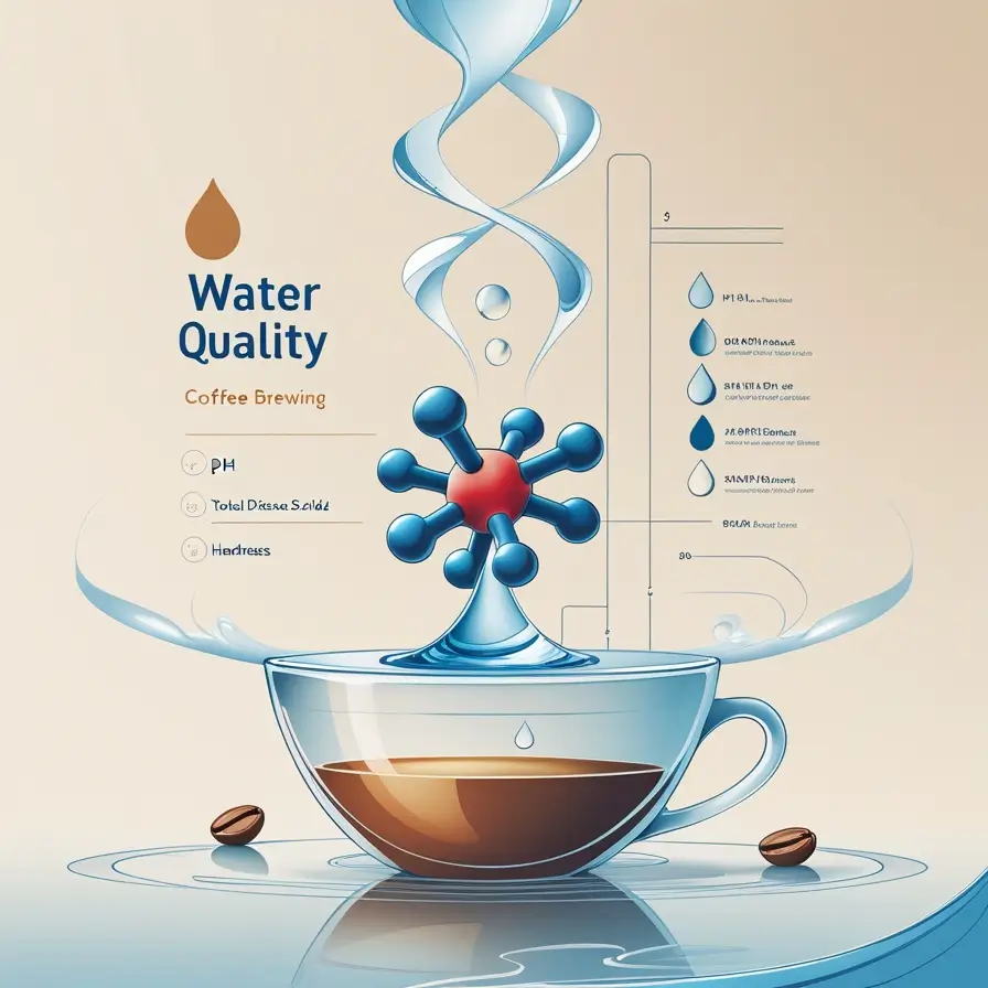 Infographic showing water quality parameters for coffee brewing with pH, TDS, and hardness measurements illustrated above a coffee cup