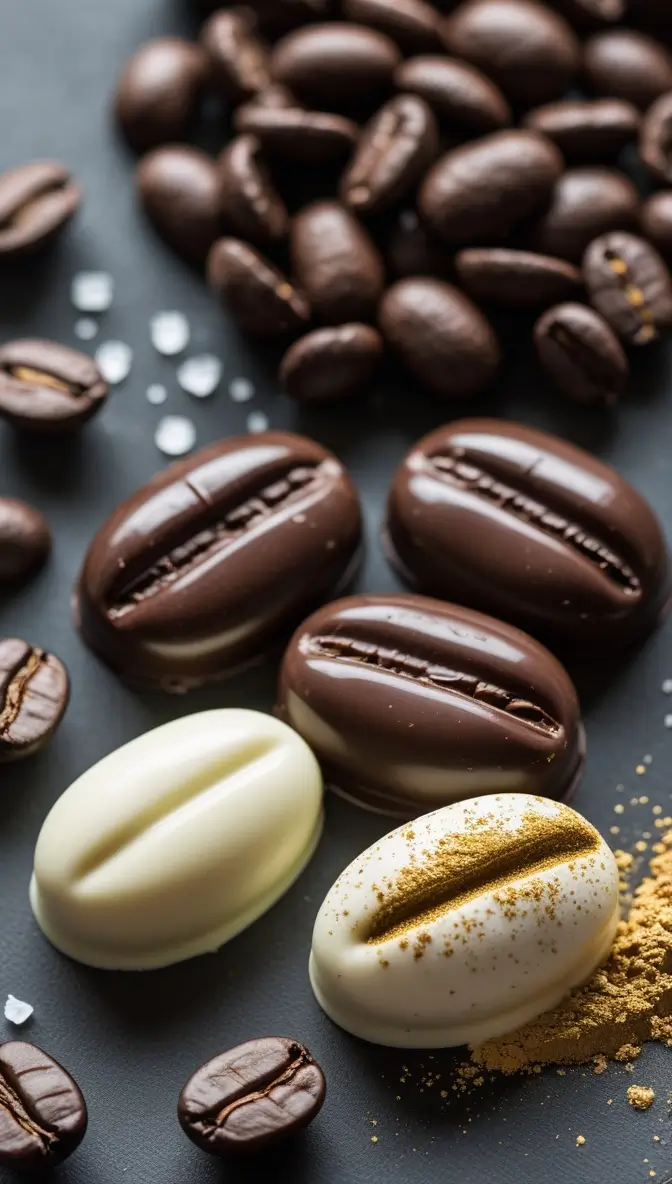 Artisanal chocolate-covered coffee beans featuring dark, milk, and white chocolate layers with gold dust decoration, arranged on a dark surface with roasted coffee beans and sea salt crystals