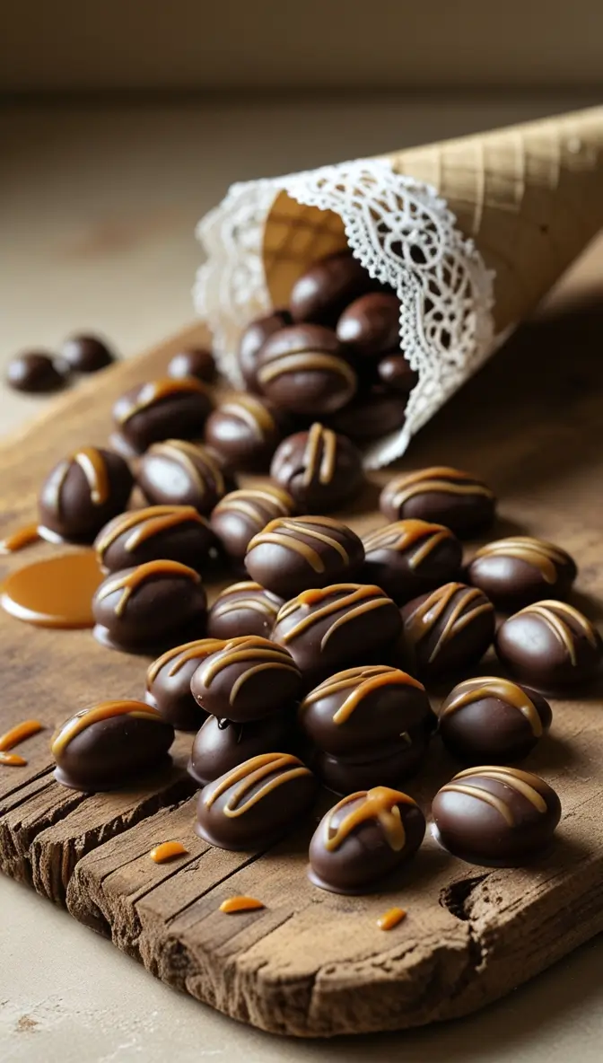 Gourmet chocolate coffee beans drizzled with caramel sauce spilling from a vintage lace paper cone onto a rustic wooden board, featuring dark chocolate coating and golden caramel stripes