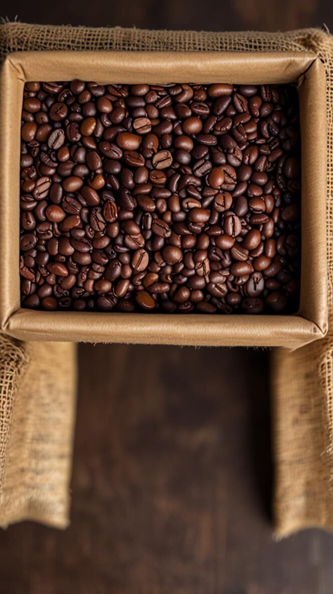 Fresh Costa Rican Tarrazu coffee beans in wooden box lined with burlap, showcasing light roast's rich brown color