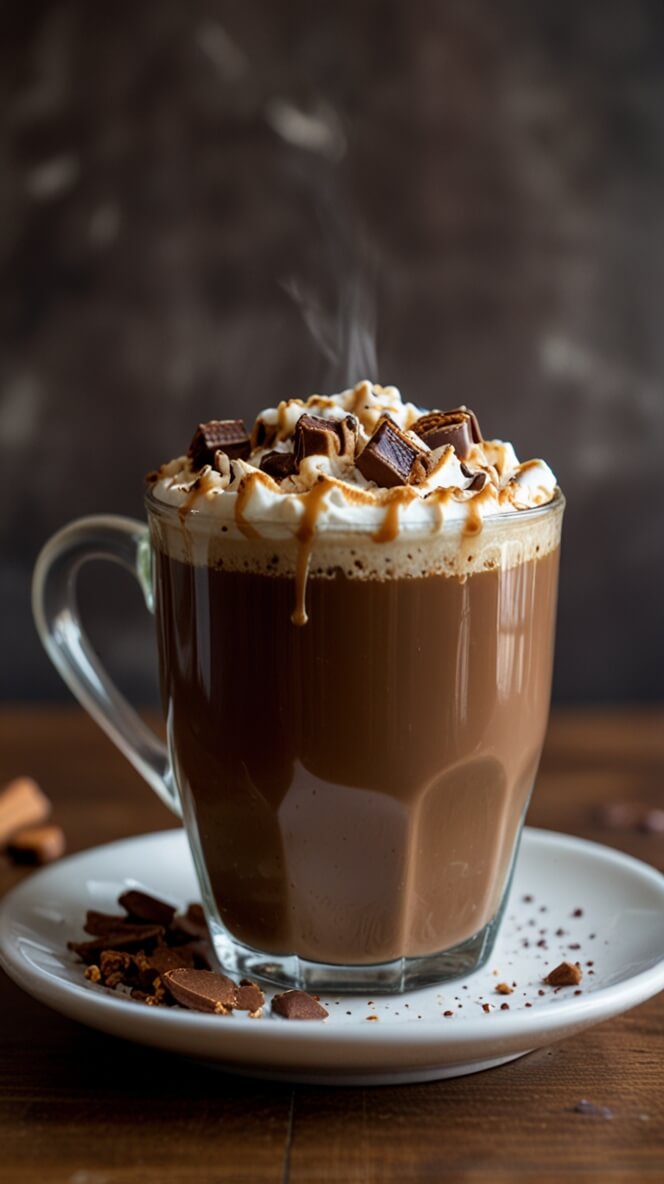 Steaming hot English Toffee Mocha in a clear glass mug, topped with whipped cream, chocolate pieces, and caramel drizzle. Served on a white plate with scattered chocolate pieces on a wooden table against a dark background. Visible steam indicates the drink's warmth.