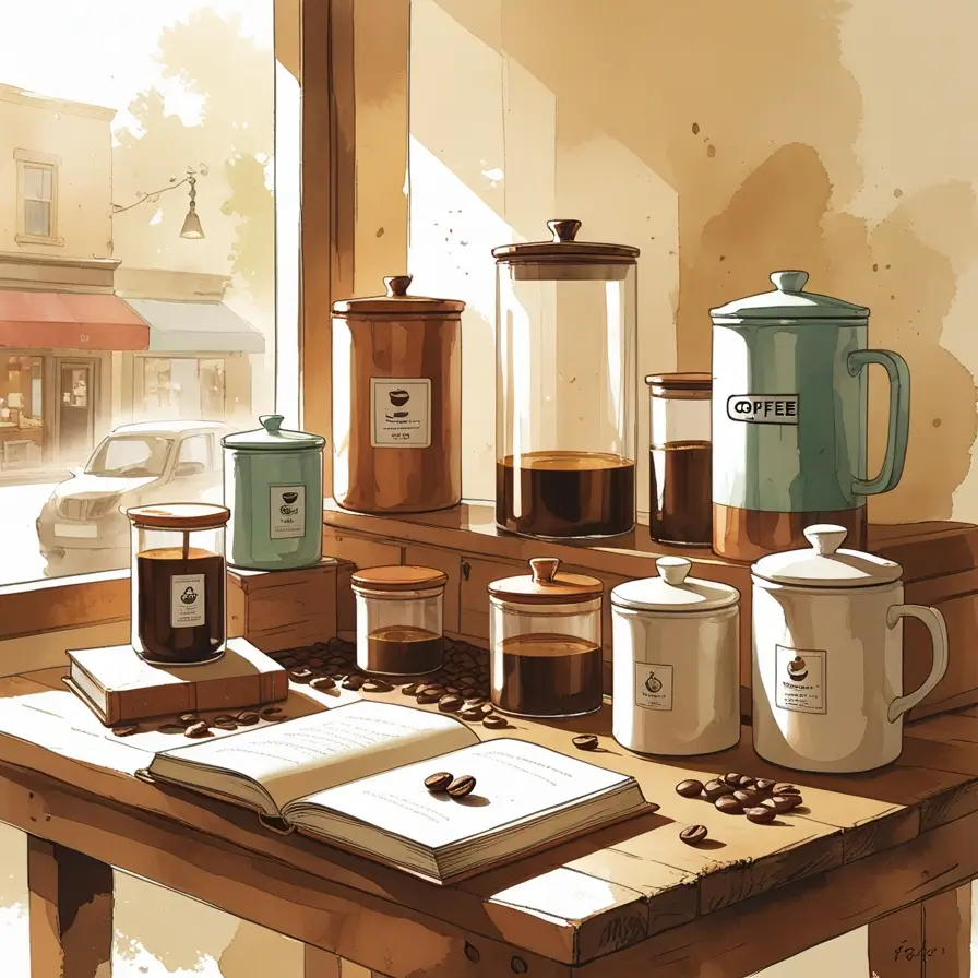 Coffee storage containers and jars displayed on wooden table with open books and coffee beans in warm sunlit cafe setting