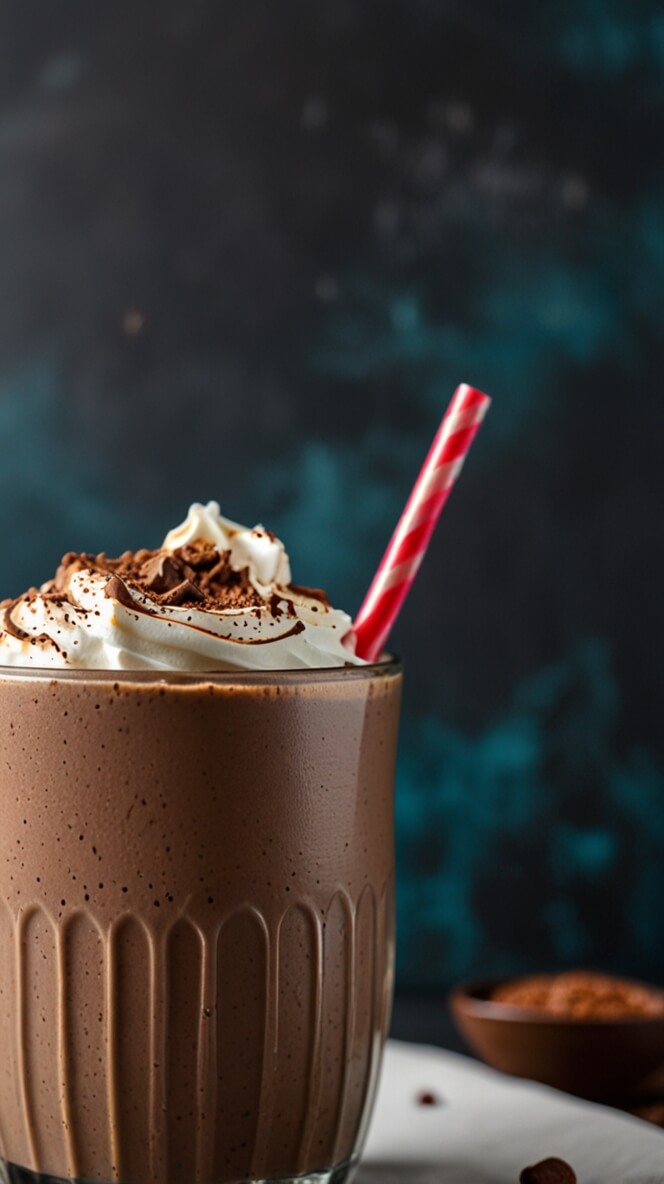 Rich chocolate keto mocha shake in a ribbed glass, topped with whipped cream and cocoa powder, served with a red striped straw against a dark teal background