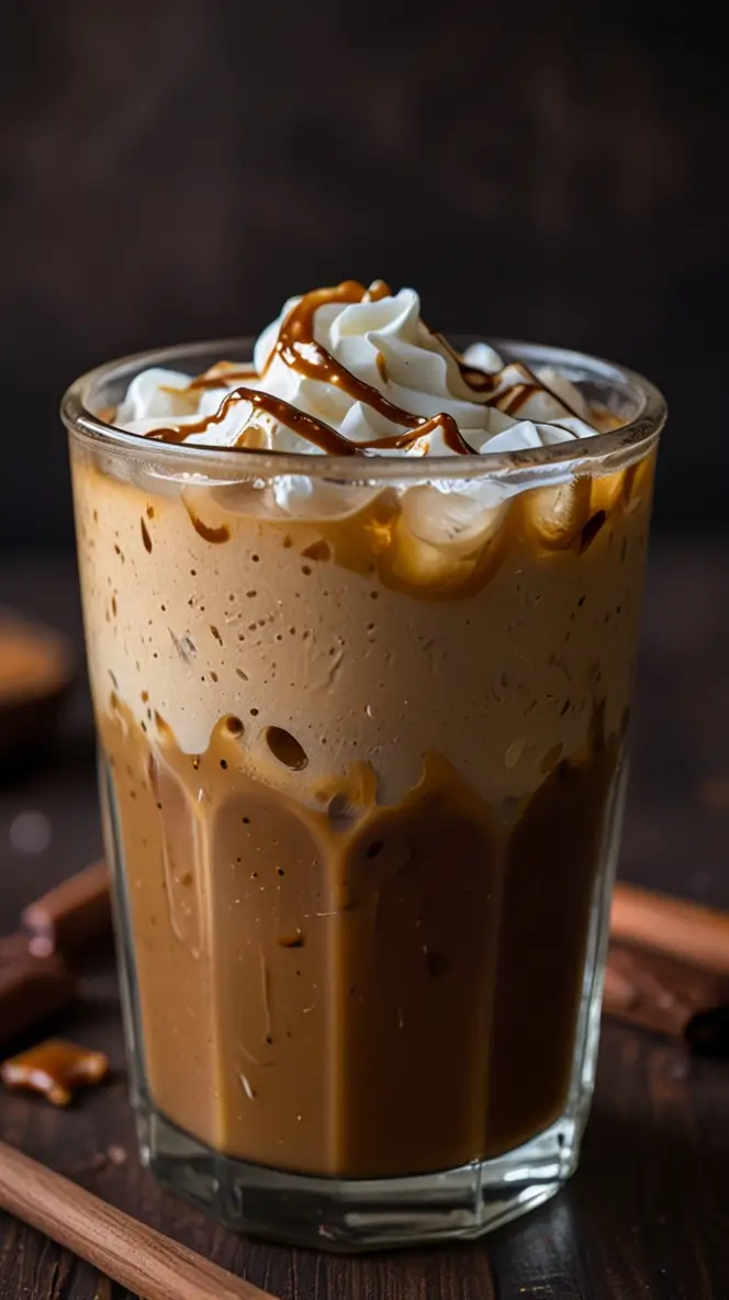 Iced mocha caramel coffee in a tall glass topped with whipped cream and caramel drizzle, served on a dark wooden surface with a rustic backdrop