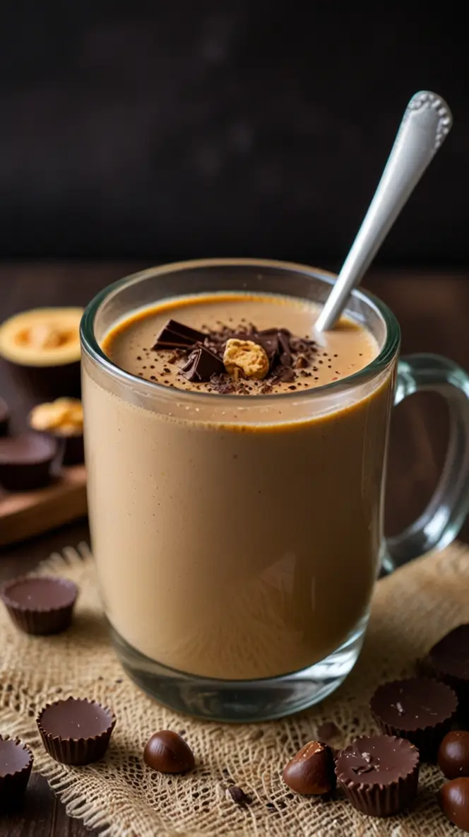 Creamy peanut butter cup protein coffee in a clear glass mug, topped with chocolate shavings and peanut butter cups, surrounded by chocolate candies on rustic burlap texture