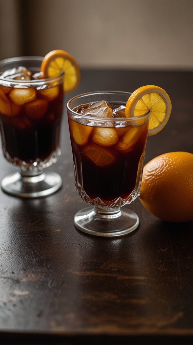 Victorian coffee punch in vintage crystal glasses garnished with fresh orange slices and ice, styled elegantly on dark wood table