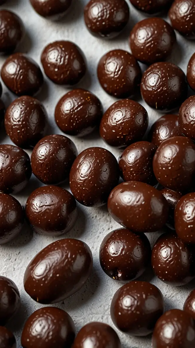 Close-up of glossy dark chocolate covered coffee beans with mint infusion, arranged on a light textured surface showing perfectly tempered chocolate coating with a subtle sheen