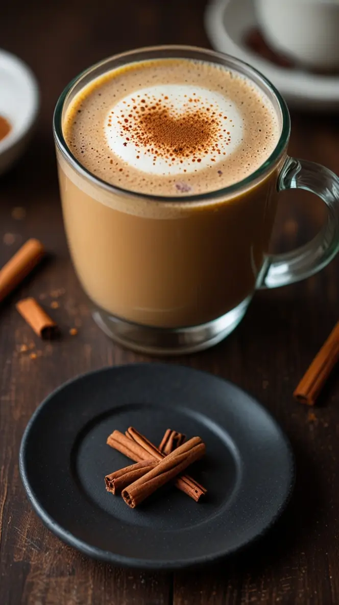 Creamy bulletproof coffee topped with cinnamon powder served in glass mug with cinnamon sticks on black plate against dark wooden background