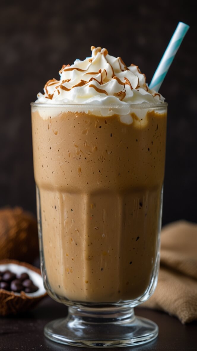 Creamy coconut protein iced coffee topped with whipped cream and caramel drizzle in a tall glass, served with a blue striped straw on a dark rustic background with coffee beans