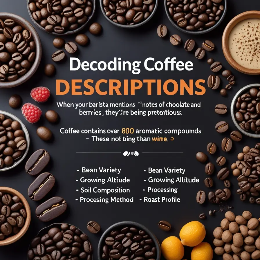 Coffee beans in dark bowls surrounding text explaining coffee descriptions, with raspberries and oranges highlighting flavor notes on black background