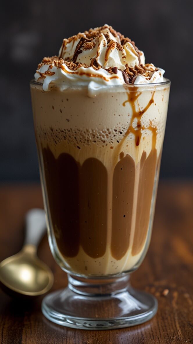 Elegant glass goblet filled with English Toffee Coffee Affogato, showing distinct layers of coffee and cream topped with whipped cream, toffee pieces, and caramel sauce. A gold spoon rests beside the glass on a dark wooden surface against a moody black background.