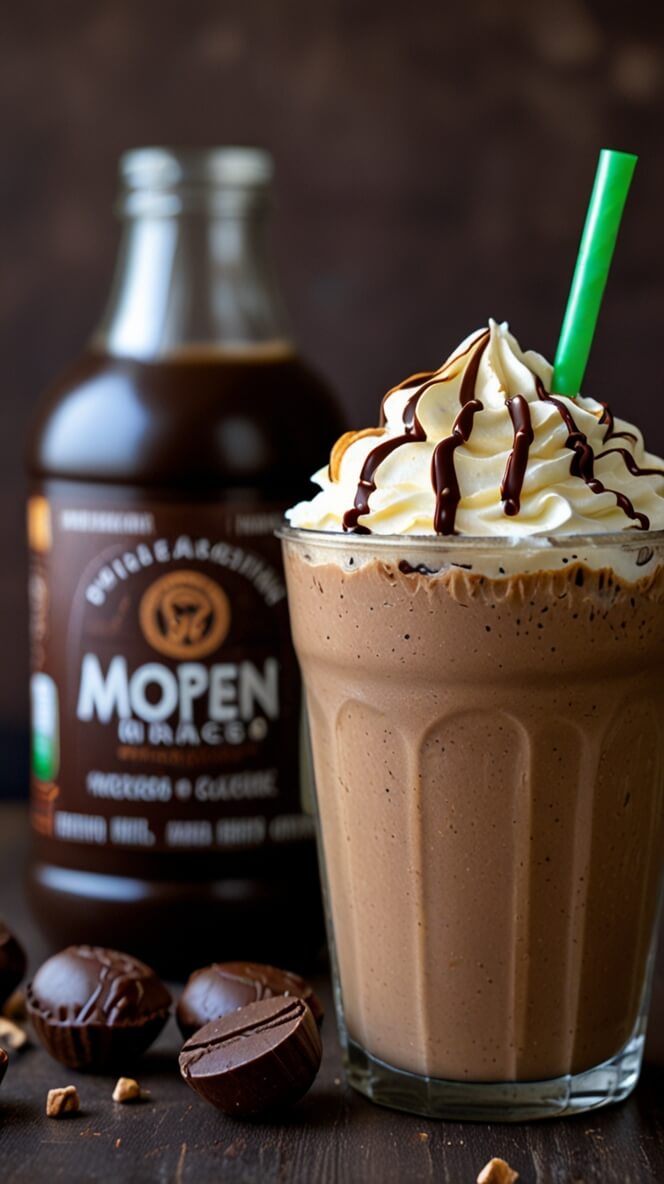 Homemade protein mocha frappuccino in a tall glass topped with whipped cream and chocolate drizzle, served with a green straw alongside Mopen coffee drink and chocolate truffles on a dark wooden surface