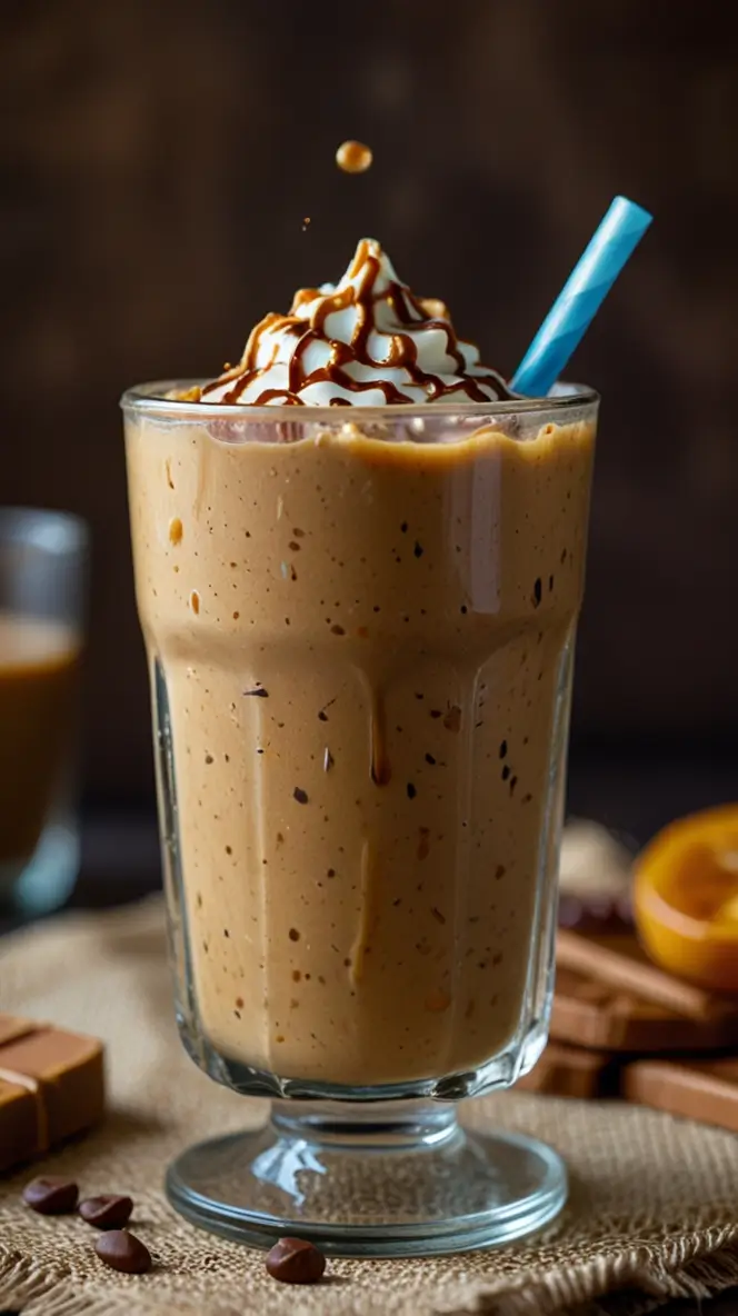 Creamy protein caramel iced coffee smoothie served in a tall glass with whipped cream, caramel drizzle, and blue straw, garnished with coffee beans on burlap texture