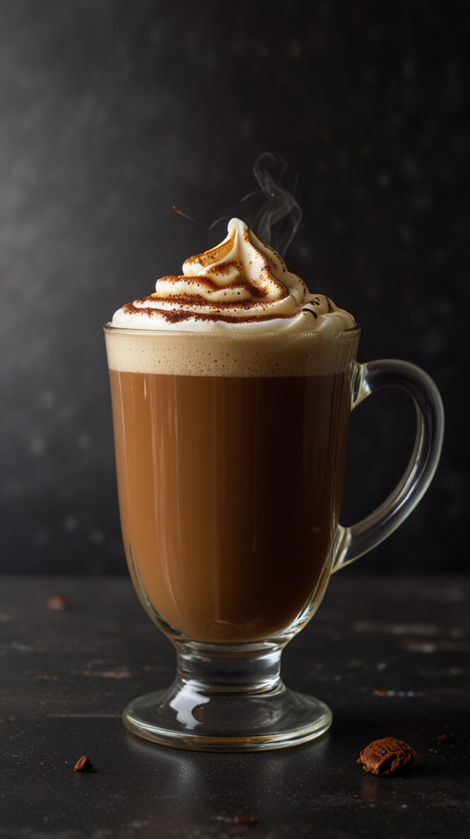 Westminster Coffee served in a tall glass mug, topped with whipped cream and cocoa powder, steaming against a dark background