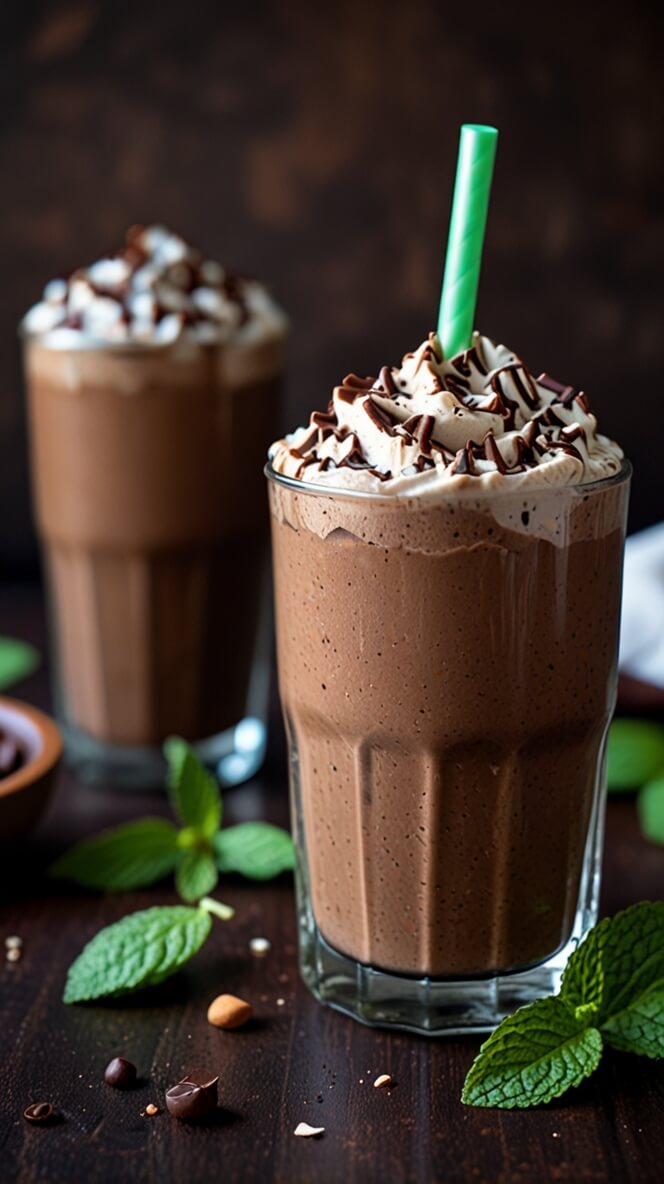 Homemade mint chocolate mocha protein shake topped with whipped cream and chocolate sprinkles, served in tall glass with fresh mint leaves and coffee beans on dark wooden surface