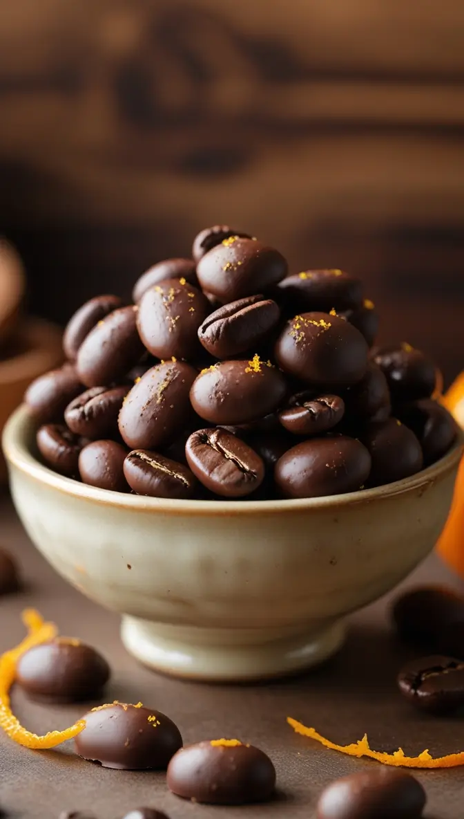 Dark chocolate covered coffee beans with orange zest garnish, piled in a cream-colored ceramic bowl, featuring golden orange peel accents and a rich moody background